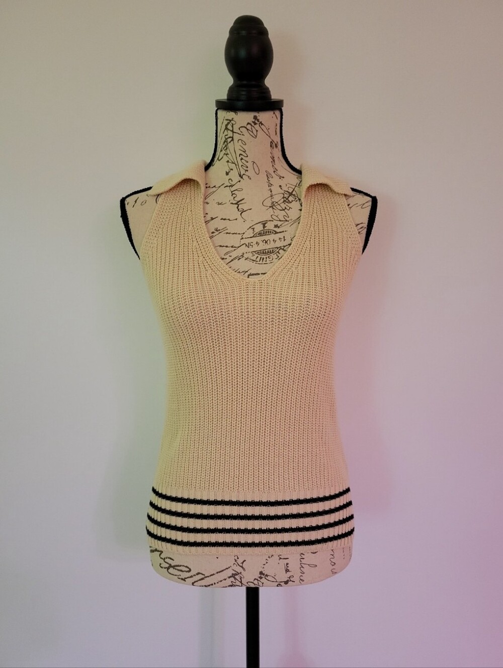 Evereve Beige & Black Sleeveless Knit Collared Sweater Size XS